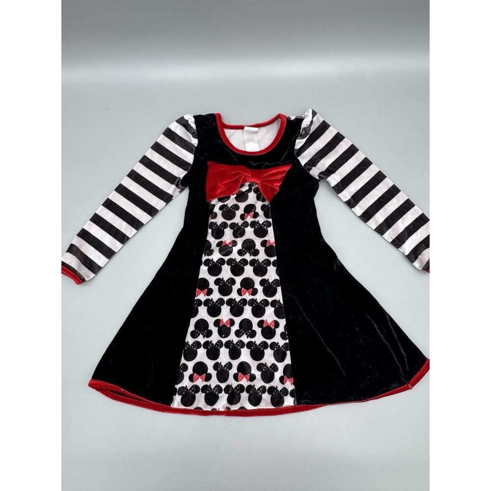 Disney Minnie Mouse Velvet Style Dress W/ Front Red‎ Bow Stripe Arms Size 4